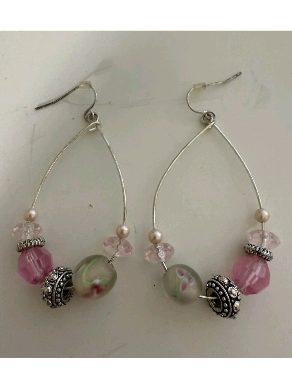 Oval Drop Earrings Dangle Beads Earwire Pink Tones